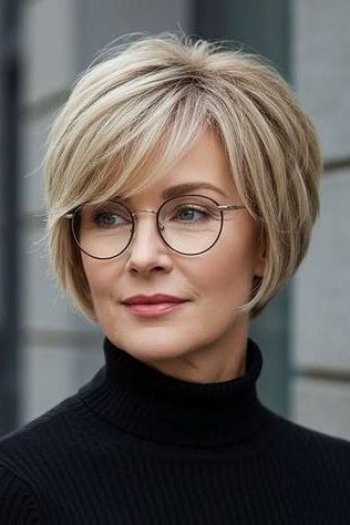blonde layered bob with glasses, front view — chin-length layered bob hairstyle for women over 50