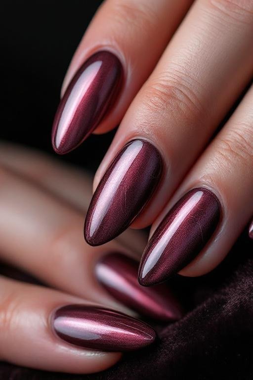 33. Burgundy Cat Eye Chrome Nails - Thanksgiving nail art idea for women over 50