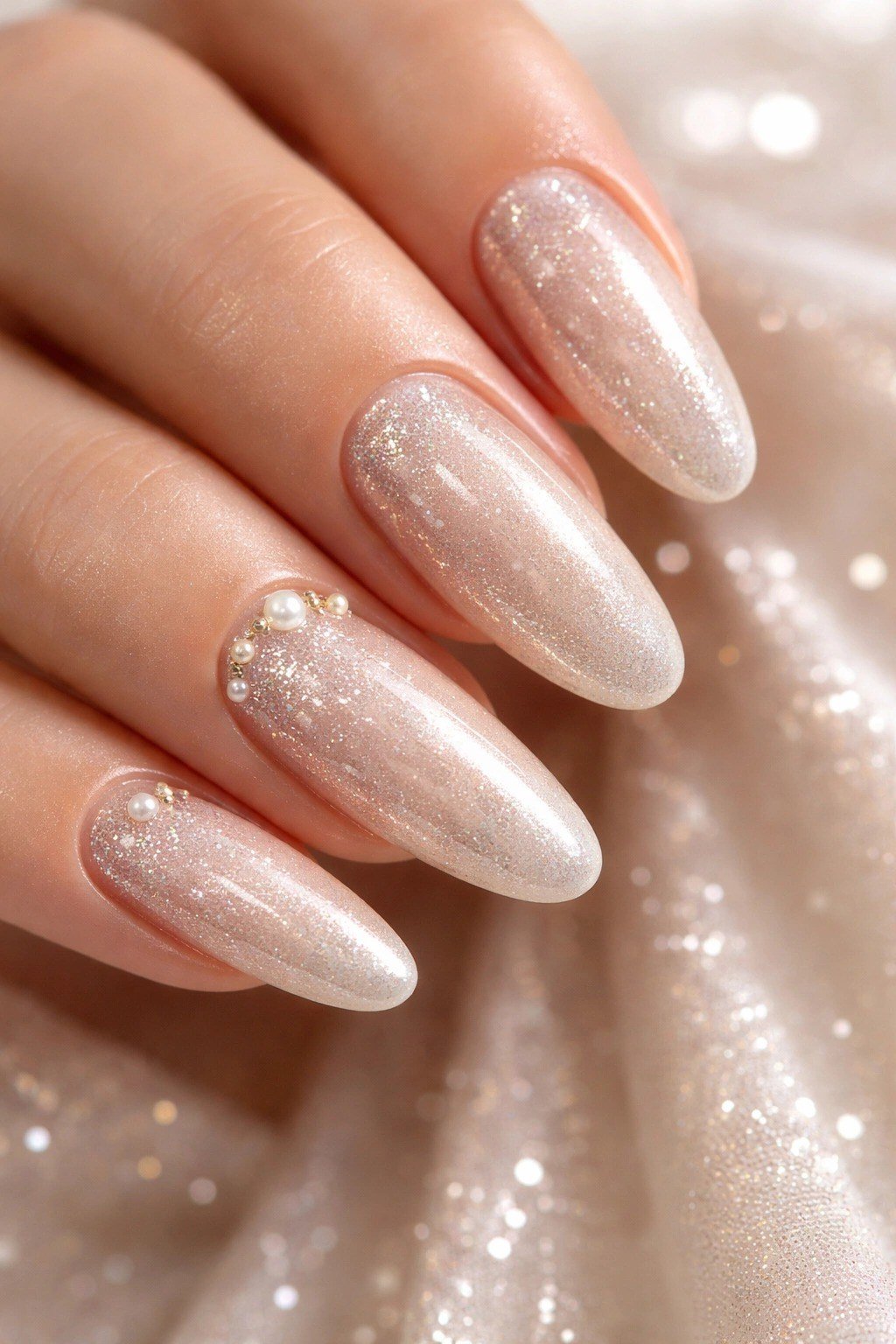 Champagne Glitter Pearl Almond Nails - pearl finish nail idea for women over 60