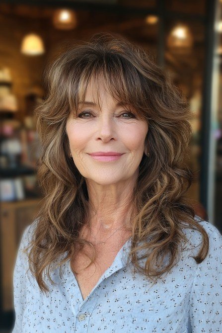 Brunette wavy medium cut with curtain bangs for women over 60