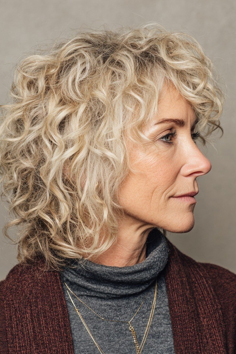 Blonde curly lob with turtleneck, side view, older woman