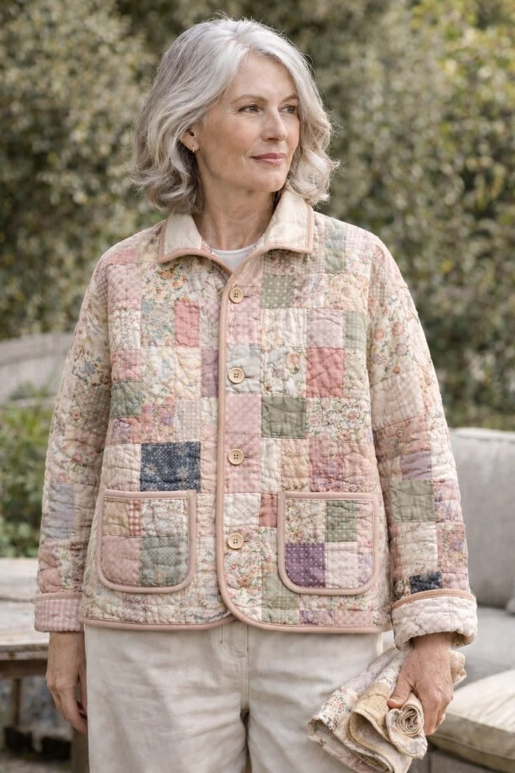 Patchwork quilted jacket outfit for women over 60