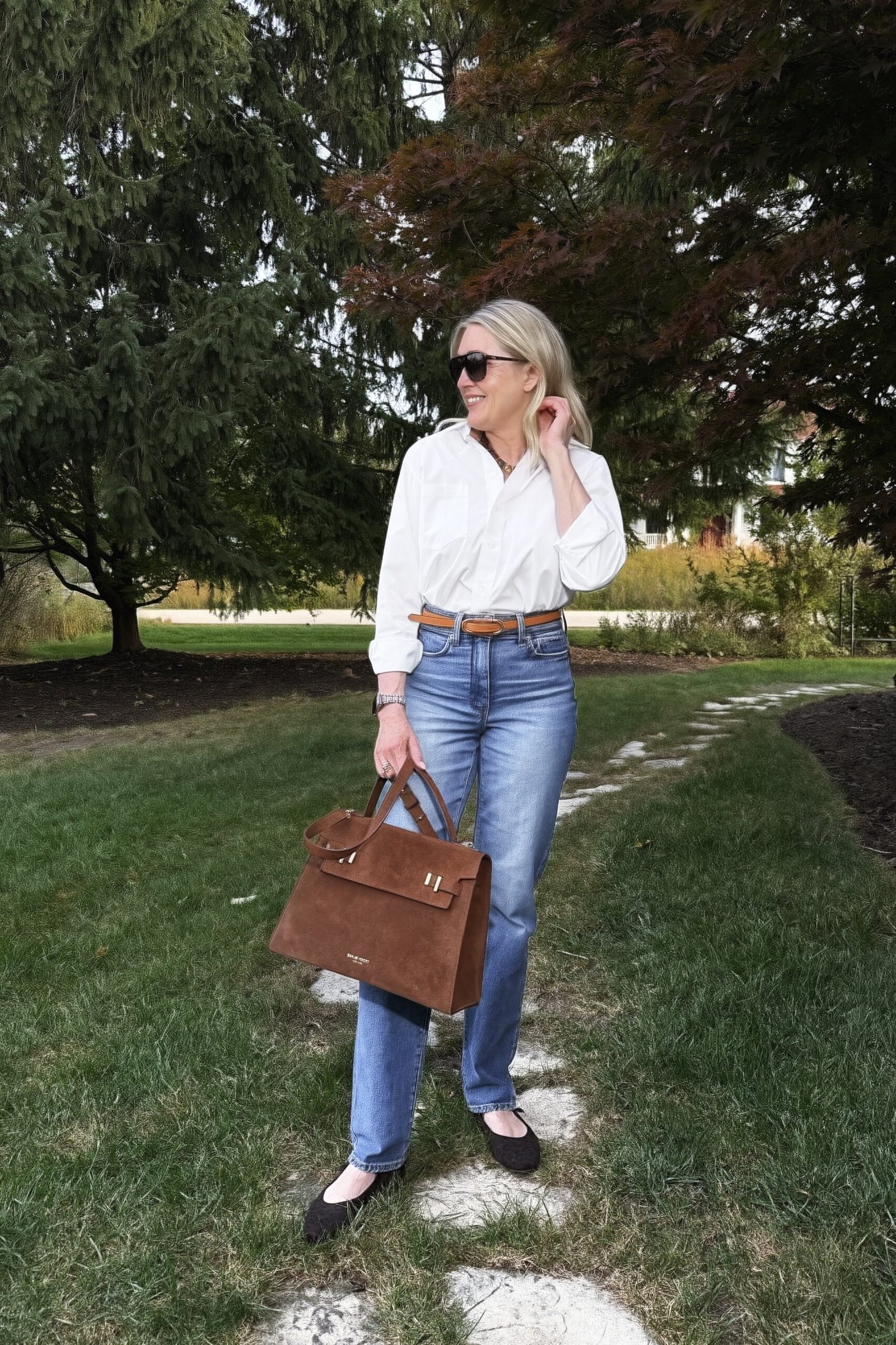 White Button Shirt with Blue Jeans on a woman over 50, fall outfit idea