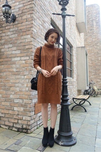 Rust cable sweater dress with black ankle boots, casual fall outfit for women over 50