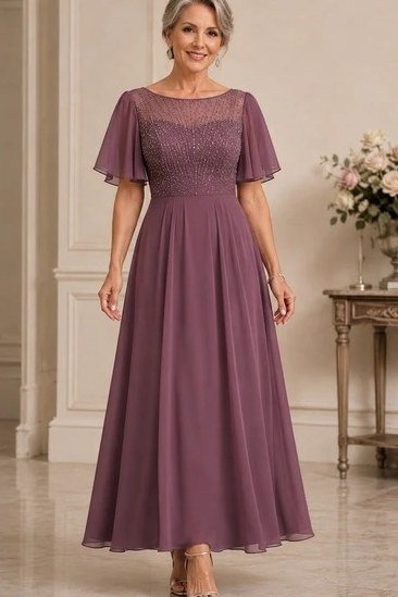 Mauve chiffon cap-sleeve gown - wedding guest outfit for women over 50