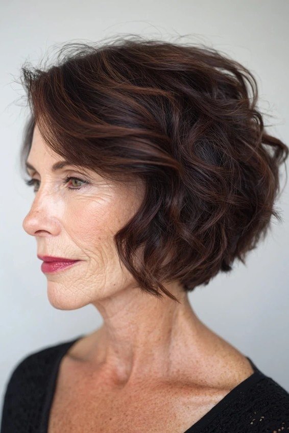 Dark Brown Side-Profile Bob - short wavy bob hairstyle for women over 60