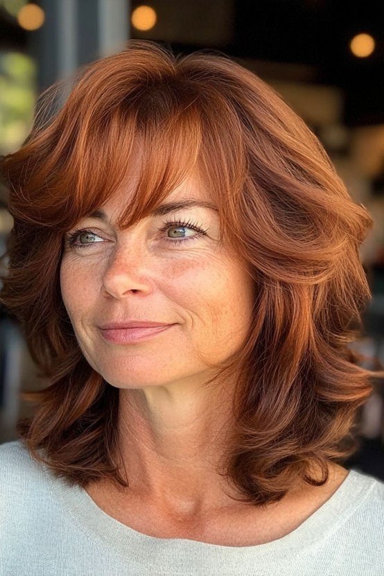 Layered auburn haircut with bangs on an older woman, front view, medium hairstyle for women over 60