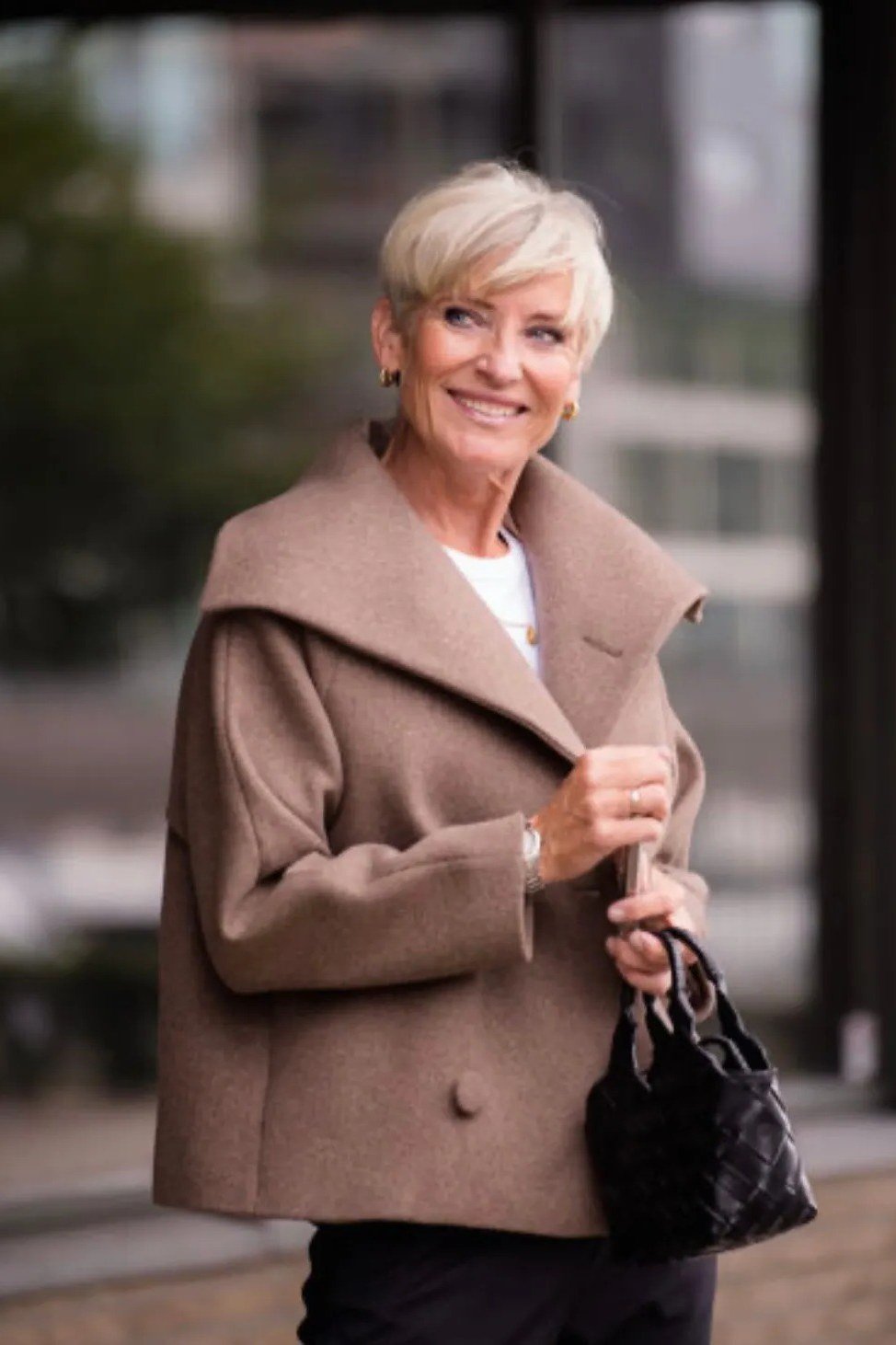 Classic camel wrap coat for women over 50 at work