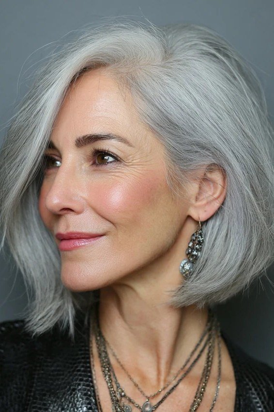 White bob with straight bangs for older women