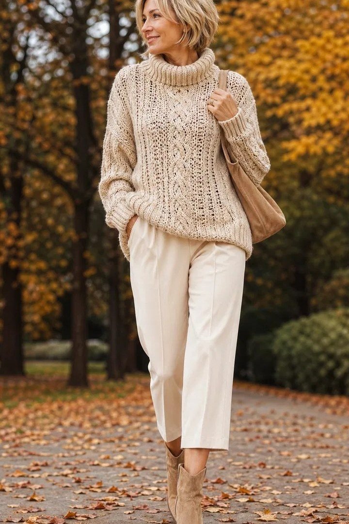 Cream Cable Knit with Ivory Trousers - fall outfit for women over 40