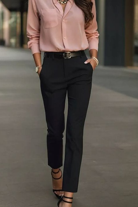 Work outfit for women over 40: dusty pink blouse with black trousers
