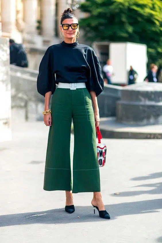 navy blouson top green wide leg culottes over 50