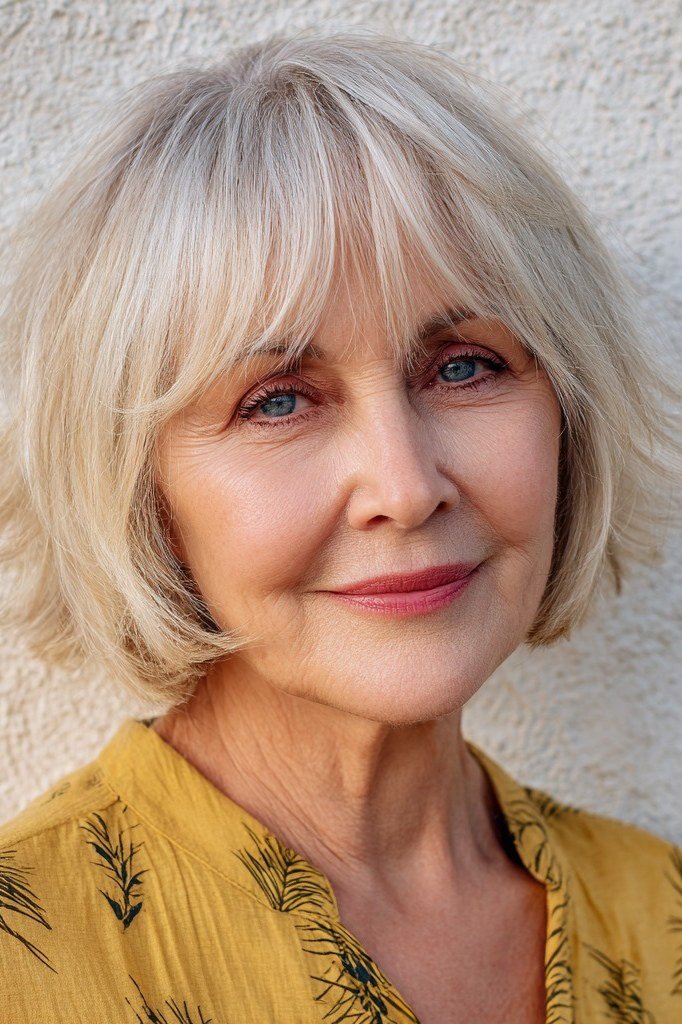 30. Blonde Shaggy Bob with Bangs - wash and wear hairstyle for older women
