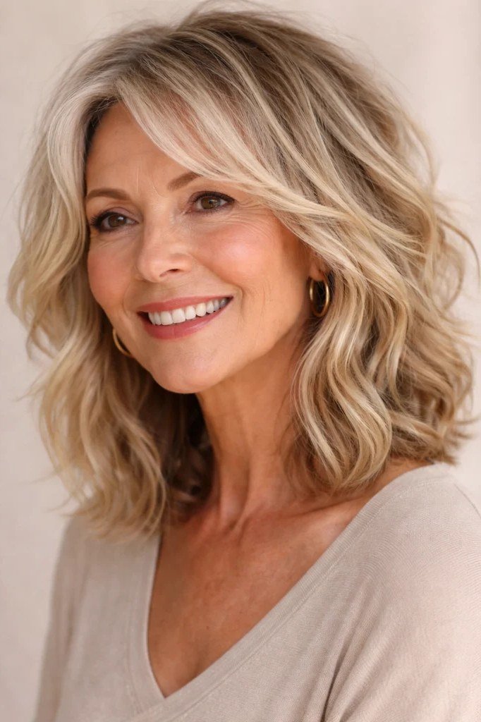 Soft white beachy wavy layered medium-length hairstyle, side view, for women over 50