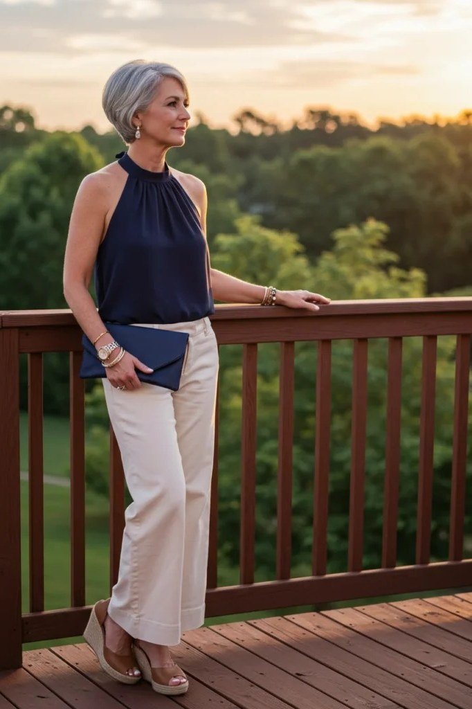 Navy halter top, cream wide-leg trousers, deck sunset, chic night out outfit for women over 50