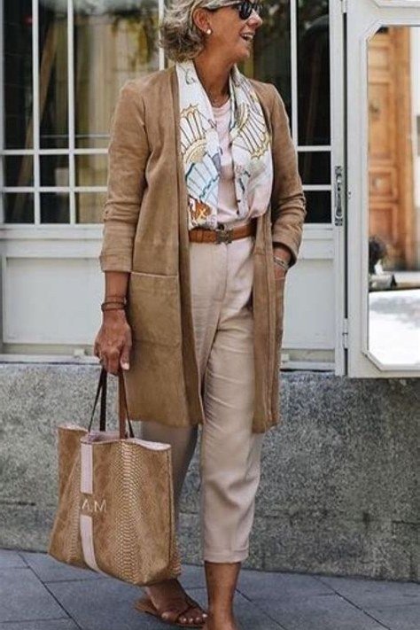 Tan Long Cardigan over a Printed Blouse - fall outfit idea for women over 50