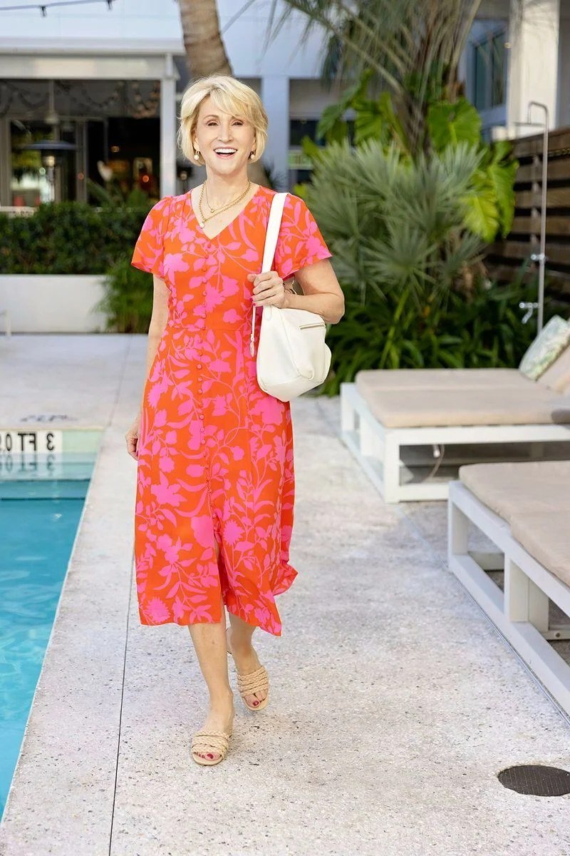 Coral Floral Poolside Midi summer outfit idea for women over 60