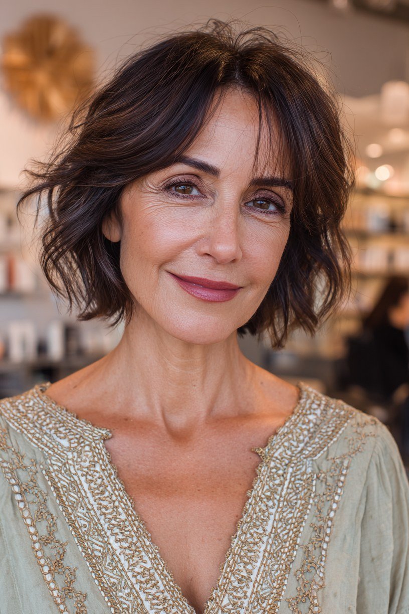 Tousled brunette french bob with bangs and embroidered top