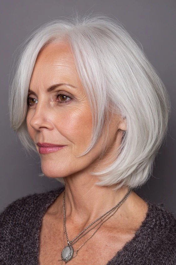 White Shoulder-Length Bob - grey shoulder length hairstyle for women over 60