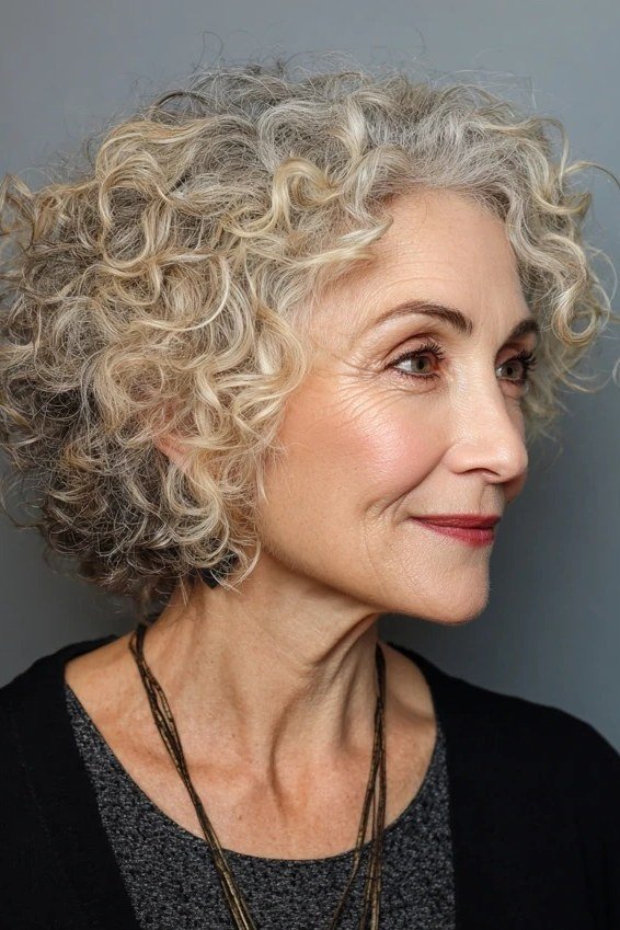 Blonde Curly Bob in Profile - short curly hairstyle for women over 60
