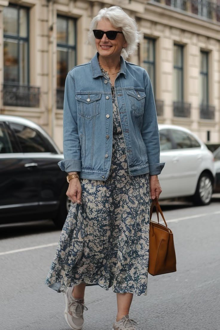 chambray shirt floral midi dress sneakers fall outfit over 50