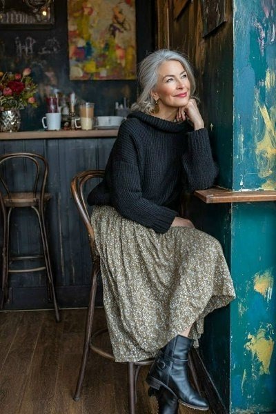 Woman over 60 in a black turtleneck with a patterned midi skirt and ankle boots