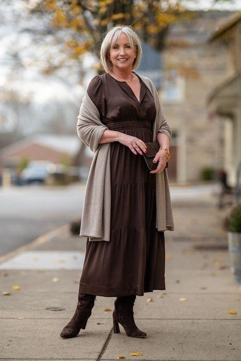 brown knit midi with cream cardigan for women over 60