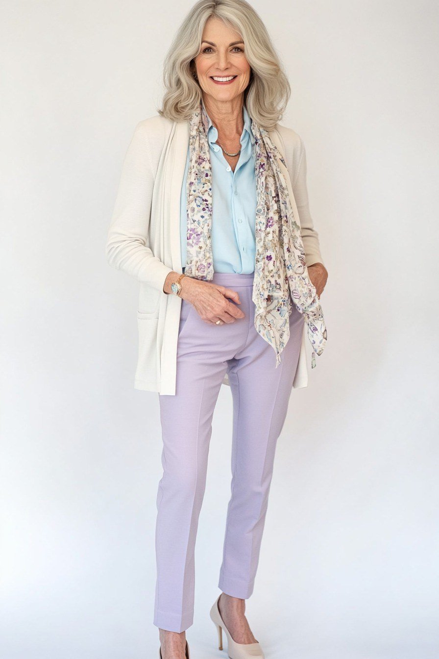 White cardigan light blue shirt lavender trousers, blonde woman studio - business casual work outfit for women over 50