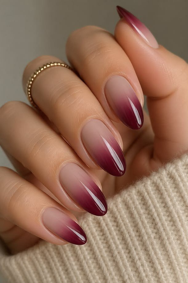 Burgundy ombre on medium almond nails, glossy, ombre nail design for women over 60
