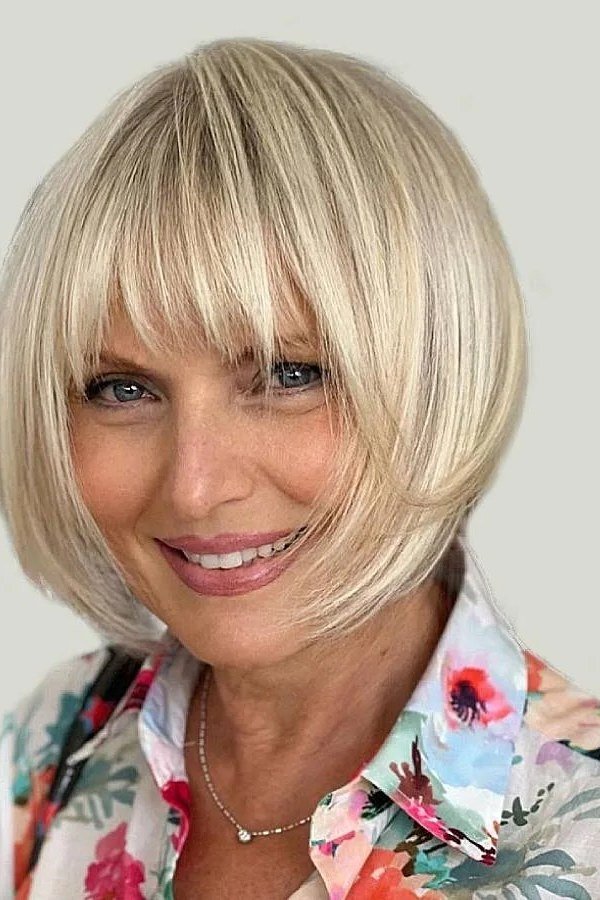Blonde Bob with Airy Bangs, chic bob haircut for women over 50