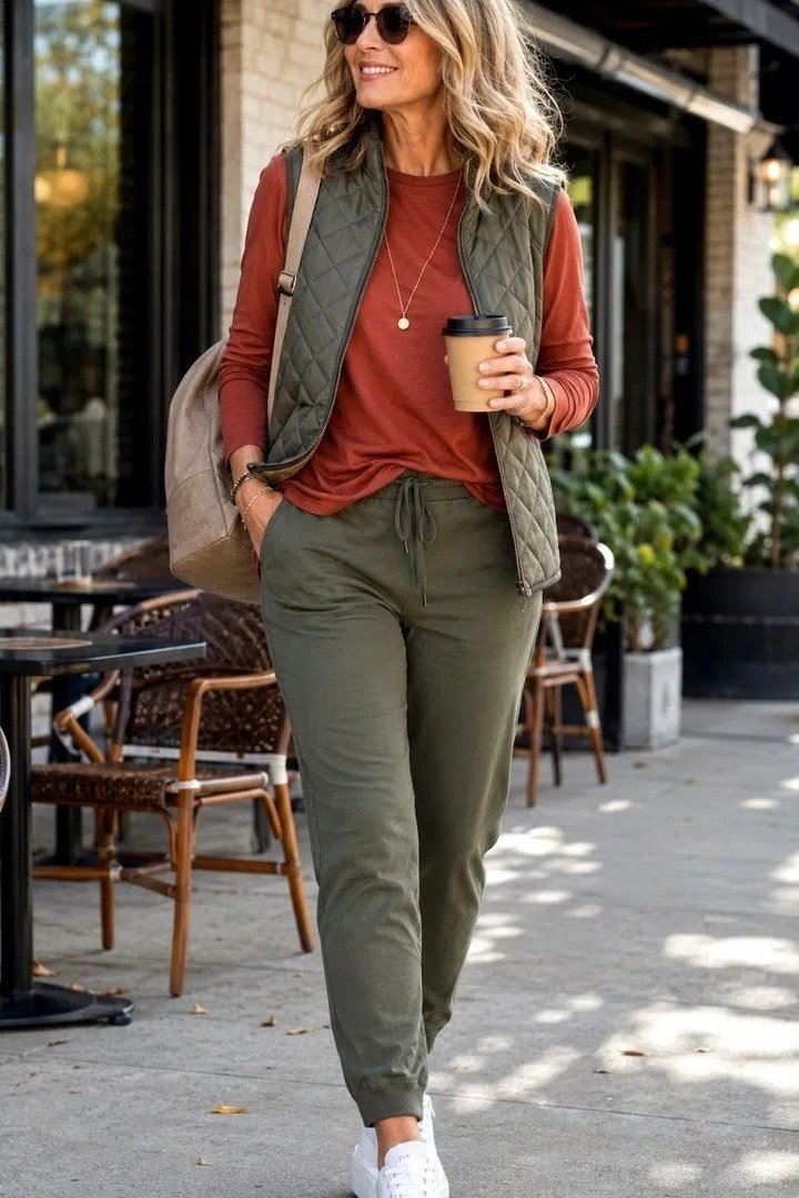 Olive quilted vest with rust top, olive trousers and white sneakers
