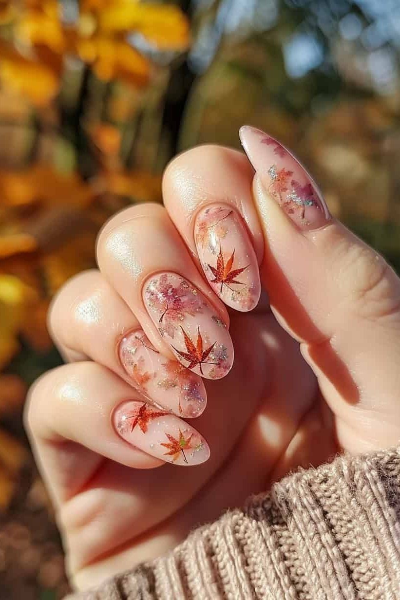 Burnt orange maple leaf nails, fall nail design for women over 60