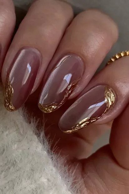 Mauve Chrome Nails with Gold French Edges, elegant mauve nail idea for women over 60
