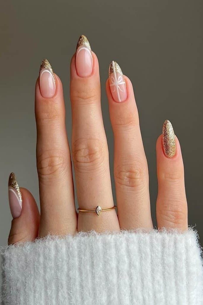 nude nails with gold micro french tips for christmas