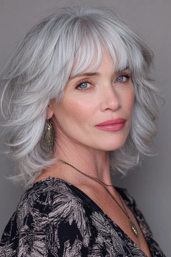 White shaggy bob with full fringe for women over 60, front view