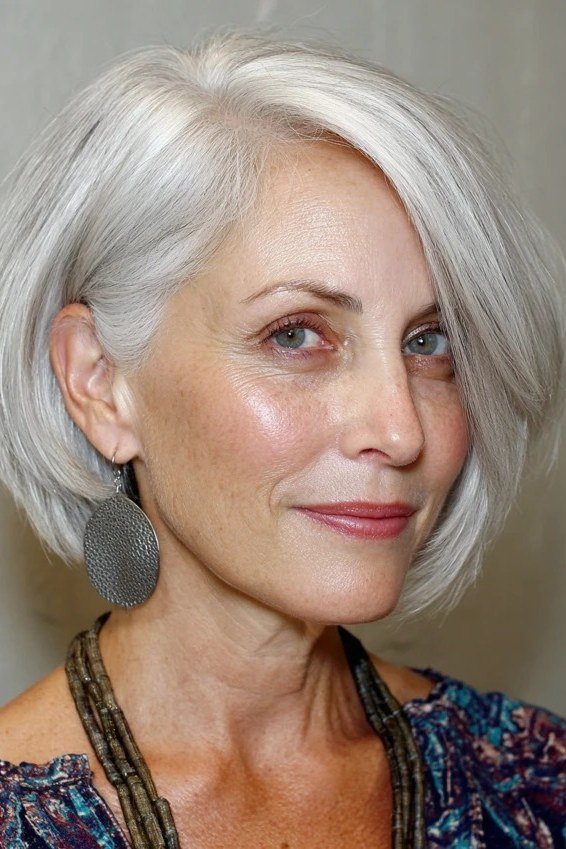 shoulder length silver bob haircut, front view
