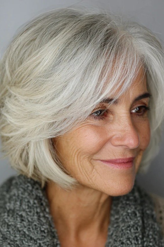 White layered bob, side view, woman in her 60s