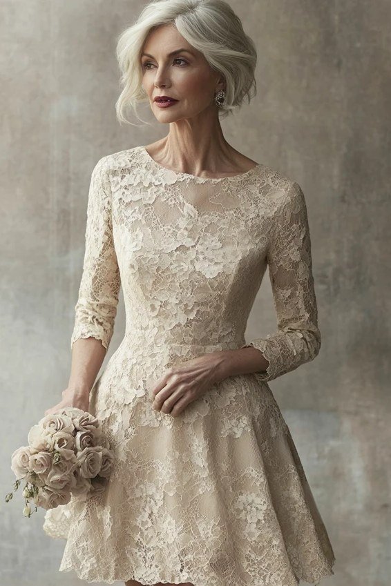 champagne lace tea dress holding bouquet, studio,, elegant wedding guest dress for women over 60