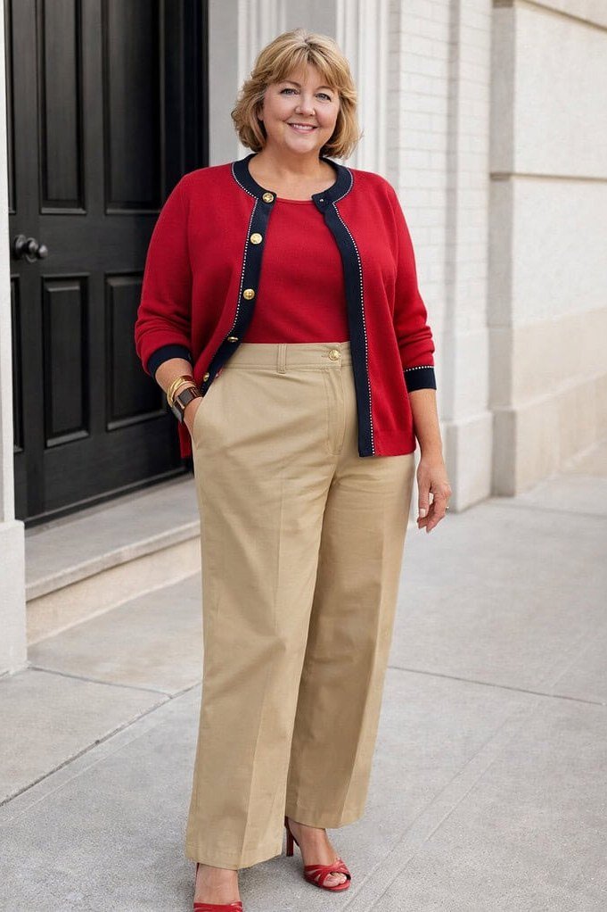 Red Cardigan With a Red Top and Tan Wide-Leg Trousers, smart casual outfit for women over 50