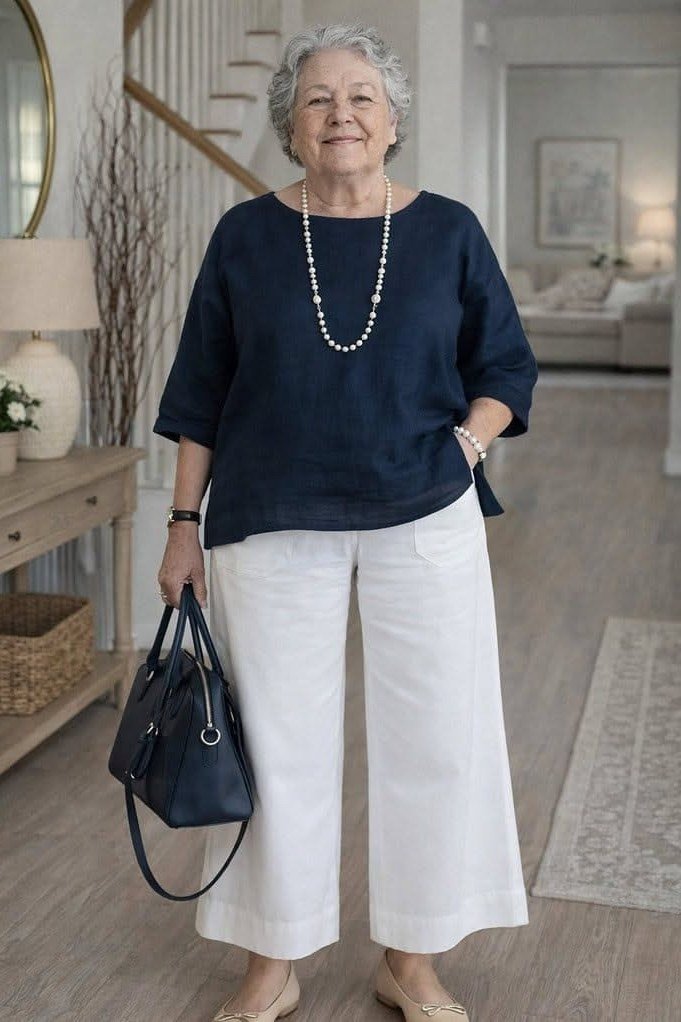 Older woman in navy short sleeve top and white wide leg trousers