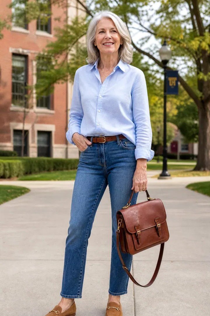 Easy casual outfit idea for women over 50: light blue shirt, jeans, and satchel, older woman everyday style