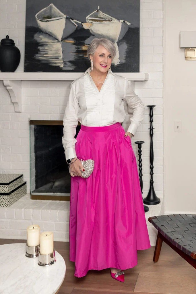 white blouse with hot pink maxi skirt church outfit for women over 60