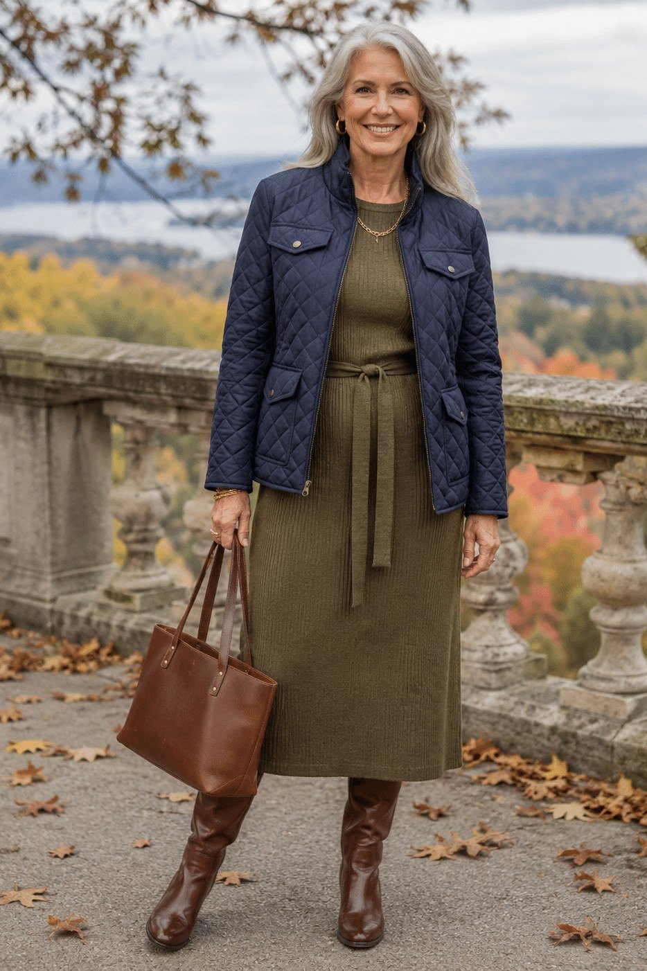 olive shirt dress and navy quilted jacket fall outfit for women over 60
