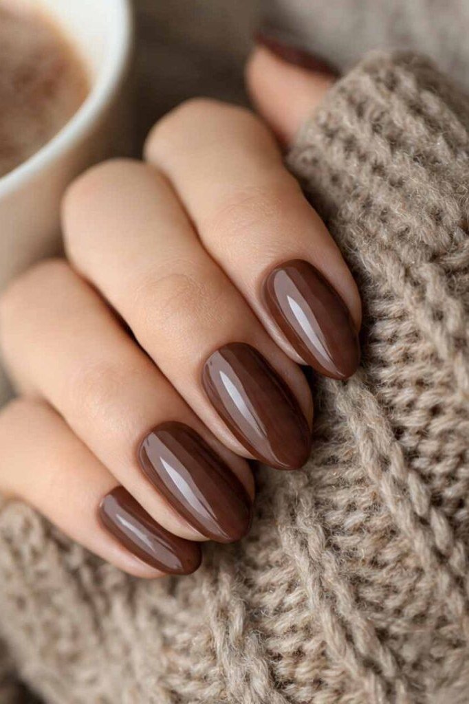 Brown Chrome with a Coffee Cup - fall nail color idea for women over 60