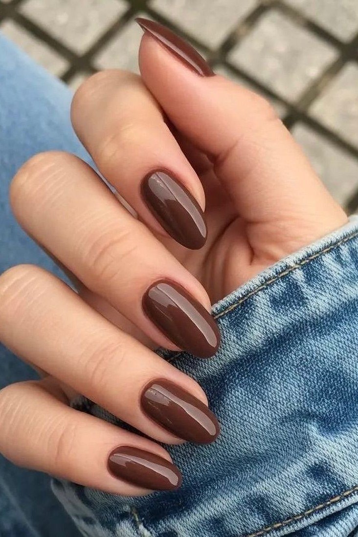 Chocolate Oval Nails with Denim Style, chocolate brown fall nail design for women over 60