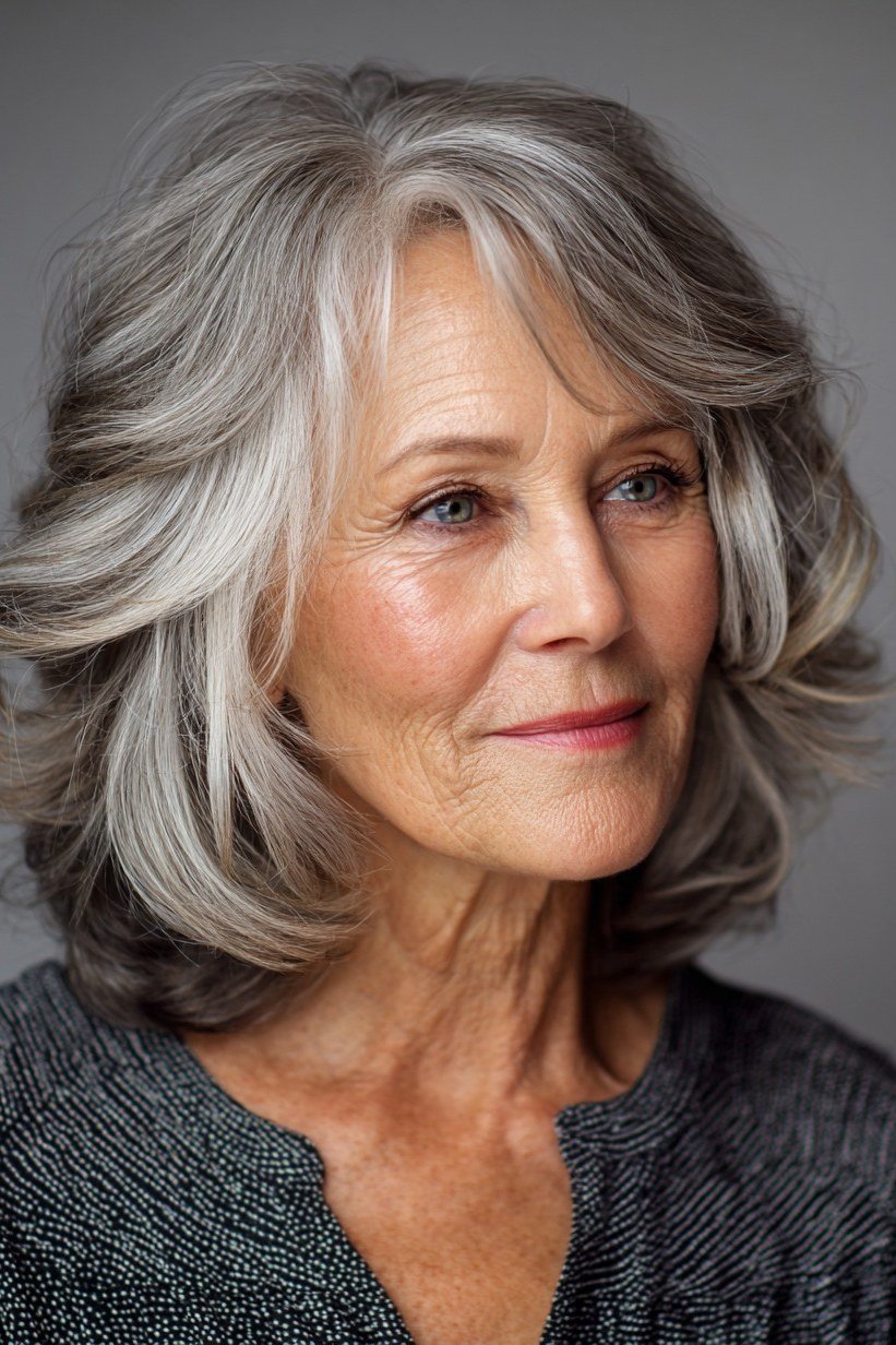 classic silver bob haircut for women over 50, front view