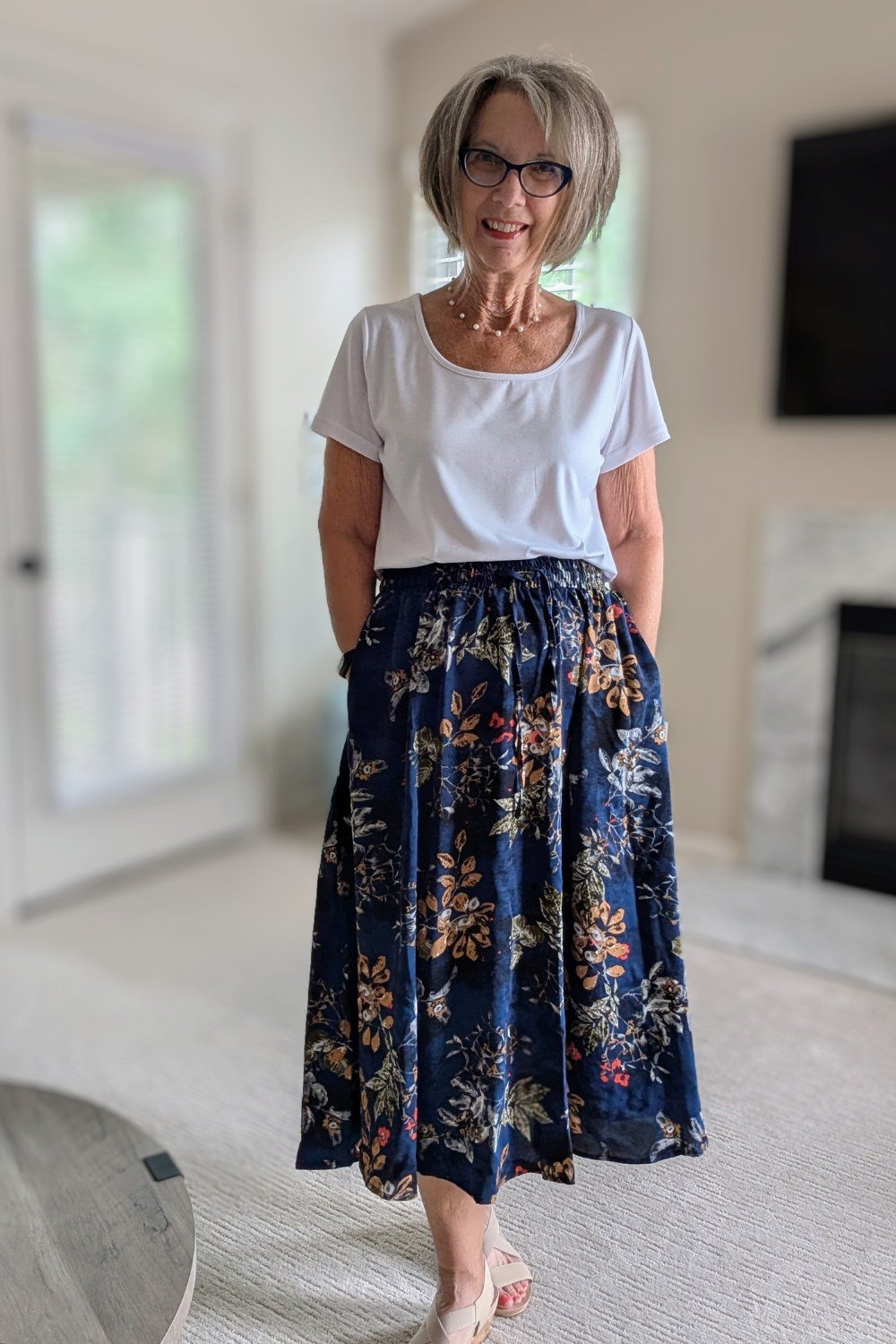 White Tee with a Floral Midi Skirt, classic casual outfit for women over 70