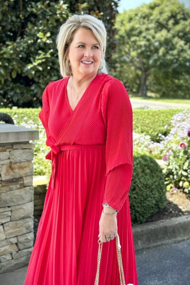 Red wrap midi dress red wrap midi dress blonde 50s garden - fall outfit idea for women over 40