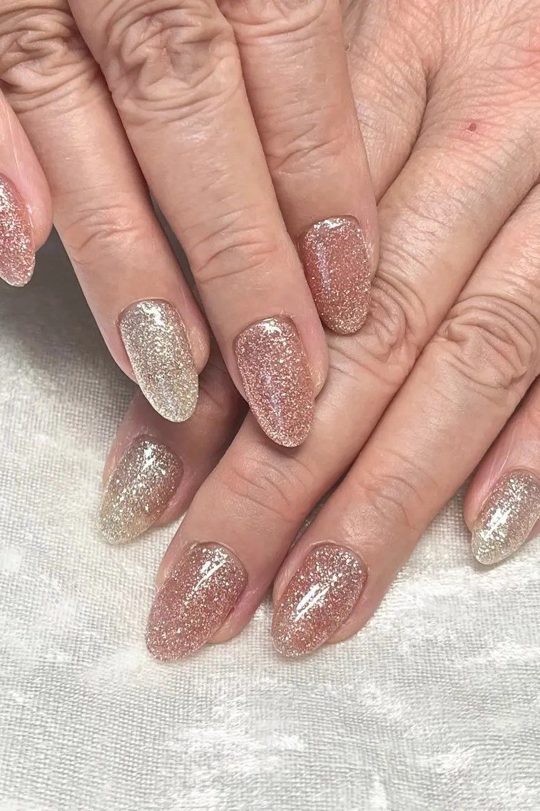 Rose Gold Glitter Almond Nails - winter nail trend for older women over 70