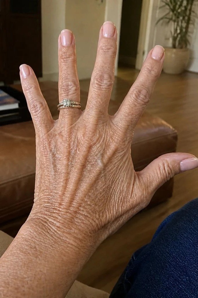 Pale Pink Nude on a Leather Couch - short nude nail idea for women over 50